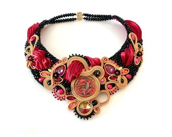 Statement red and black Swarovski crystals, shibori silk and soutache necklace PRE ORDER