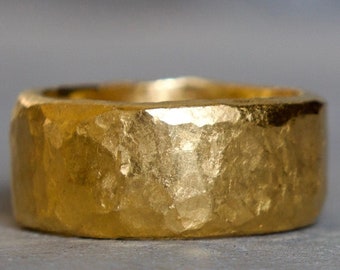 Thick 24K Gold Organically Textured Ring - Hand Forged Pure Gold Band - 10 X 2.3 MM Wide Band - 25 - 35 Gram Ring - Made To Order