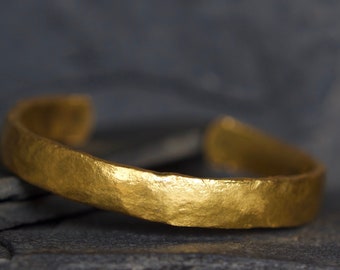 24k Gold Ancient Cuff - Hand Forged Solid Gold Bracelet - Organic Pure Gold Unisex Cuff - 8.5 X 3 MM Gold Cuff -  Made To Order