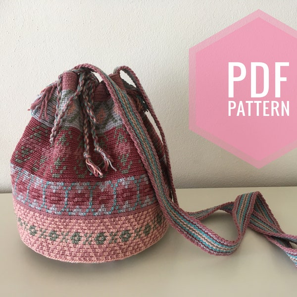 Crochetpattern Wayuu mochila bag with 6 colors, tapestry technique, beautiful fair isle motives, Crochet pattern, colorful, PDF-file, DIY