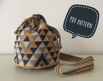 Patrón de crochet Mochila Wayuu con motivos geométricos, Mochila Wayuu, patrón de crochet tapiz, Correa trenzada dividida Ply, archivo PDF, DIY,