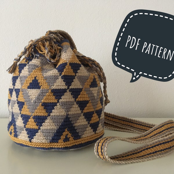 Patrón de crochet Mochila Wayuu con motivos geométricos, Mochila Wayuu, patrón de crochet tapiz, Correa trenzada dividida Ply, archivo PDF, DIY,