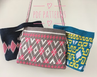 patrones de crochet de 2 bolsos y 1 bolso bandolera pequeño con bonitos motivos diferentes, tapiz, archivo PDF, bricolaje, inglés y holandés