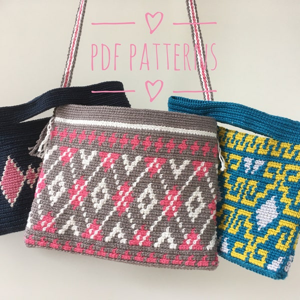 Crochetpattern of 3 clutches with tapestry technique, different motives, multifunctional Crochet pattern, PDF-file, DIY