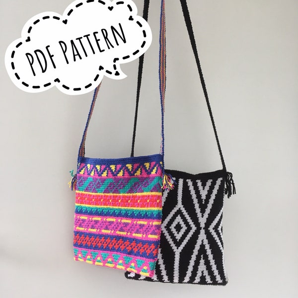 Patron au crochet Sac Wayuu Mochila à partir de restes de coton et noir et blanc, motifs fair isle, tapisserie, sangle tressée fendue Ply, fichier PDF, DIY,