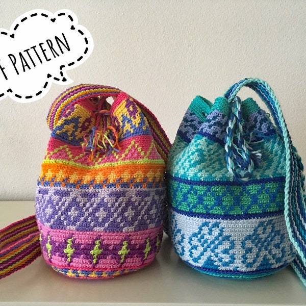 Wayuu mochila bag with leftovers cotton and tapestry technique, beautiful motives, Crochet pattern, colorful, PDF-file, DIY