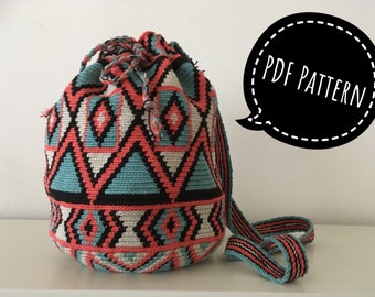 Crochetpattern Wayuu mochila bag with 4 colors, and tapestry technique, beautiful motives, Crochet pattern, colorful, PDF-file, DIY