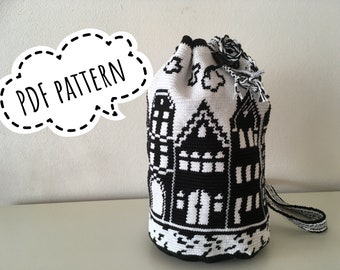 Wayuu mochila bag with tapestry technique, Amsterdam Canal Houses, Crochet pattern, black and white, PDF-file, DIY