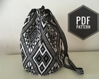 Vernieuwd haakpatroon Wayuu Mochila tas met Noorse motieven, tapestry haakpatroon, black and white, PDF-file, DIY, Engels en Nederlands