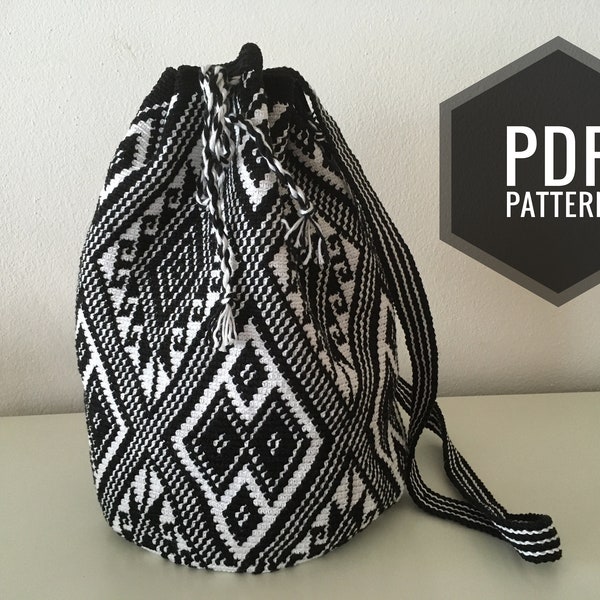 Vernieuwd haakpatroon Wayuu Mochila tas met Noorse motieven, tapestry haakpatroon, black and white, PDF-file, DIY, Engels en Nederlands