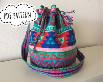 Wayuu mochila bag with tapestry technique, Aztec motives, Crochet pattern, colorful, PDF-file, DIY