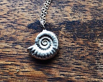 Handmade Silver Ammonite Necklace,  Nautilus Fossil Gift for Her