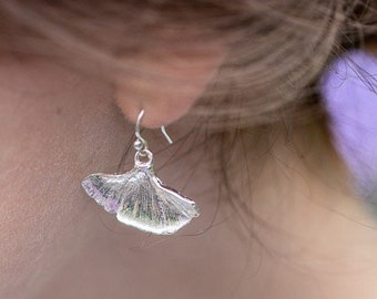 Silver Ginkgo Leaf Earrings, Sterling Silver Handmade Leaf Earrings Dangle UK - Ginkgo Leaf Jewellery - Nature Inspired