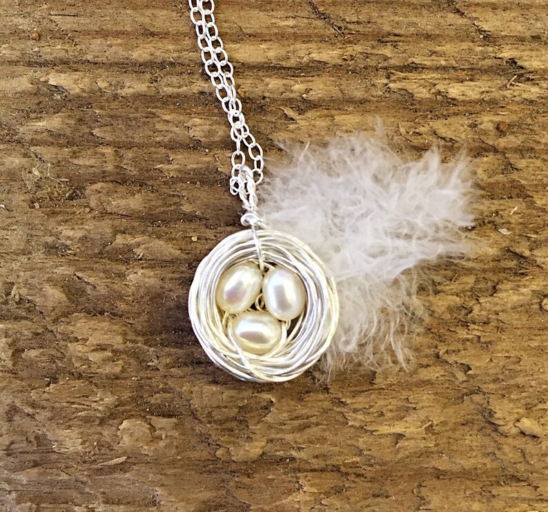 Sterling silver birds nest necklace with freshwater pearls Etsy