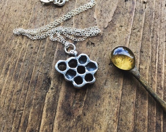 Sterling silver honeycomb necklace, bee necklace, sterling silver Beekeeper necklace