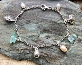 Sterling Silver Charm Bracelet with Silver Sea Shells - Handmade Jewellery - Glass, Ivory Pearl - Chunky Bracelet - Nature Inspired Gift