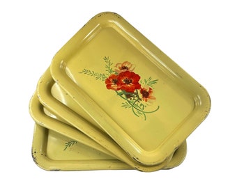Metal Serving Trays Yellow with Red Flowers, Mid-century, x7