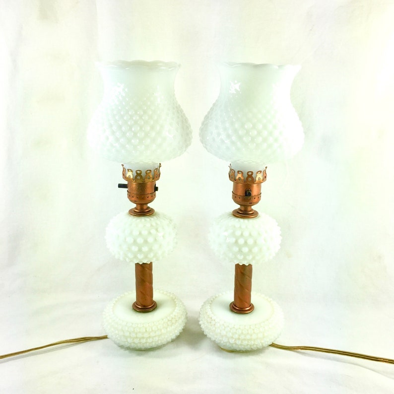 Milk Glass Hobnail Mid Century Bedside Table Lamps Working