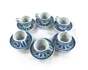 Miniature Tea Cups, Ceramic, Blue & White, 6