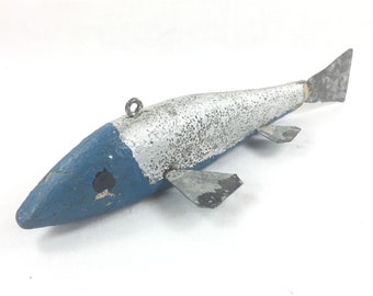 Fishing Lure, Hand Carved, Folk Art, Blue & Silver