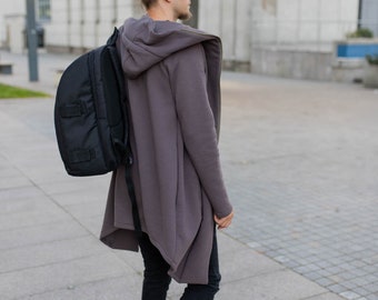 Urban fashion men outwear, Brown slow fashion warm hoodie with pockets and zipper closing, Unisex long cotton autumn coat