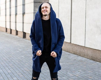 Extravagant hoodie for men, Street style asymmetric jacket for spring, autumn, summer, Coat with big pockets and hood