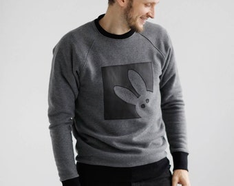 Warm organic cotton sweatshirt with bunny application, Slow fashion sweater for men and women, Unique design comfortable unisex sweater