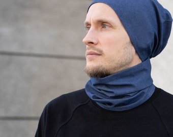 Man cotton turtle neck scarf for spring, Thin blue street style neck warmer, Two sizes tube scarf for kids and adults