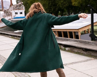 Green women coat with zipper for spring time, Asymmetric street style blazer with big pockets and warm neck - ne.rasa slow fashion studio