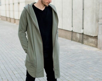 Asymmetric men hooded jacket with pockets, Casual men outwear for summer, Spring cotton man hoodie with zipper in olive green color