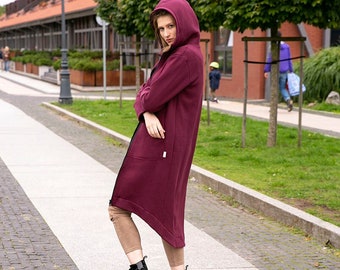 Long women spring coat with zipper, Comfy long hooded dress with pockets, Street style warm comfortable high quality hoodie