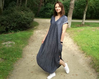 MAXI t shirt v-neck dress with pockets, Comfortable loose summer vacation dress, Blue casual long dress for women