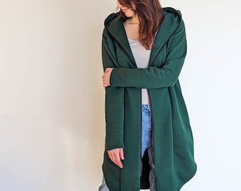 Green comfortable hooded women coat with big pockets, Long leisure sweatshirt with pockets, Loose oversized zipper hoodie from cotton