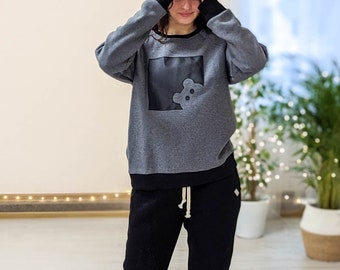 Gemütliches Freizeit Set für Frauen, Warmes weiches Sweatshirt und Hosen Set, Teddybär Applikation und schwarze Joggerhose, Freizeitkleidung