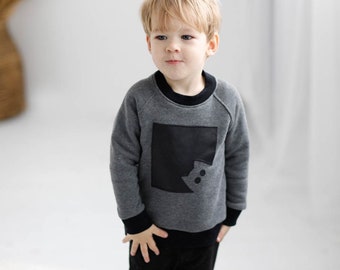 Bio cotton boys jumper with kitten applique, Funny warm winter pullover sweatshirt for children, Comfortable slow fashion kids clothes