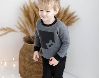 Eco cotton kids jumper with teddy bear handmade applique from eco leather, Stylish extra warm winter pullover sweatshirt for boys and girls