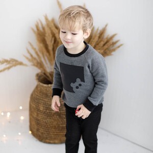 Eco cotton kids jumper with teddy bear handmade applique from eco leather, Stylish extra warm winter pullover sweatshirt for boys and girls image 1