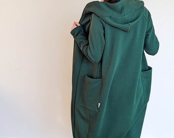 Comfortable long women coat with big front pockets, hood and zipper, Women Spring Jacket from cotton knit, Extra long Stylish outwear