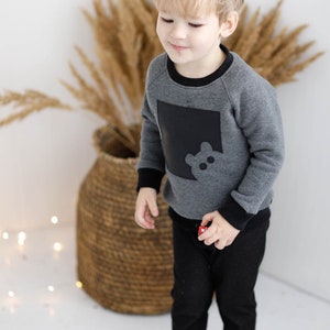 Eco cotton kids jumper with teddy bear handmade applique from eco leather, Stylish extra warm winter pullover sweatshirt for boys and girls image 3
