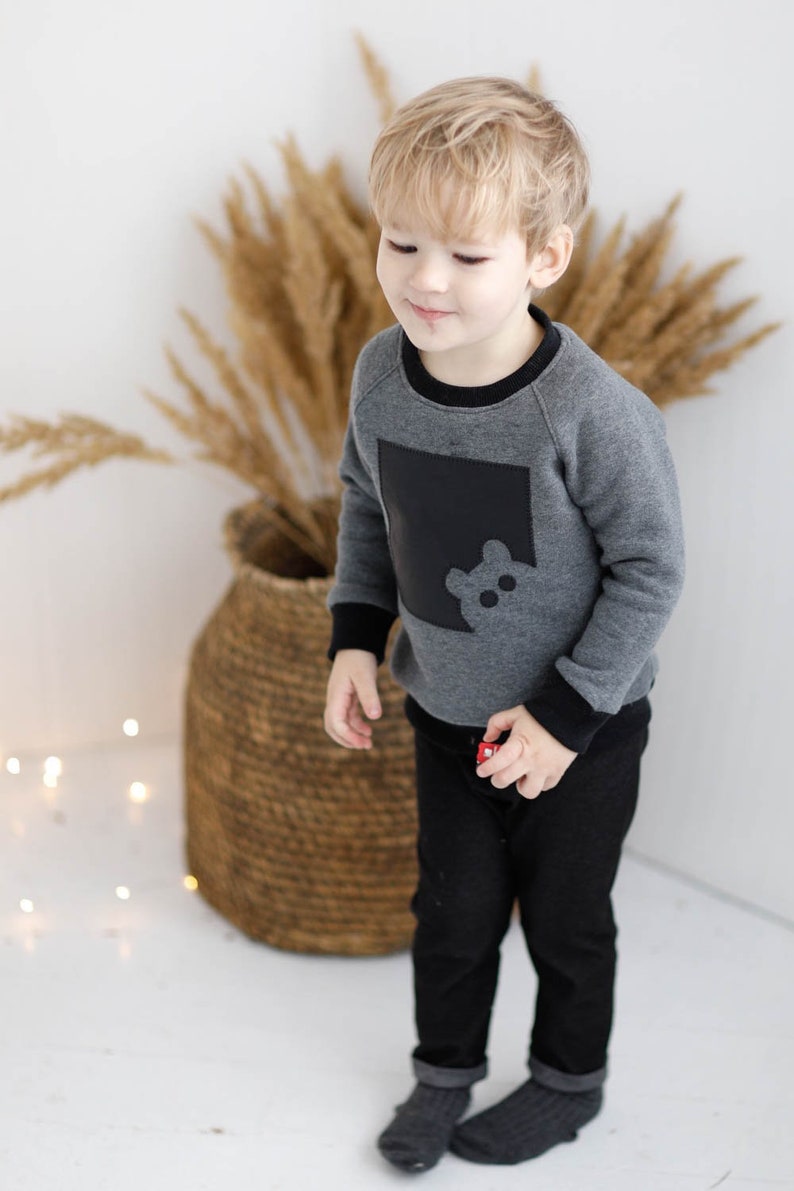 Eco cotton kids jumper with teddy bear handmade applique from eco leather, Stylish extra warm winter pullover sweatshirt for boys and girls image 3