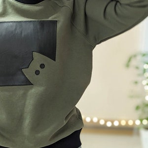 Pullover sweatshirt with kitten applique, Comfy cotton knit cat sweater, Valentines day gift for boyfriend, Birthday gift for husband image 8