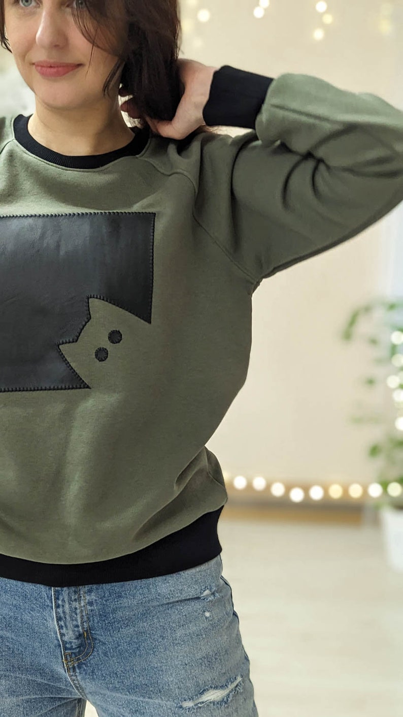 Pullover sweatshirt with kitten applique, Comfy cotton knit cat sweater, Valentines day gift for boyfriend, Birthday gift for husband image 8