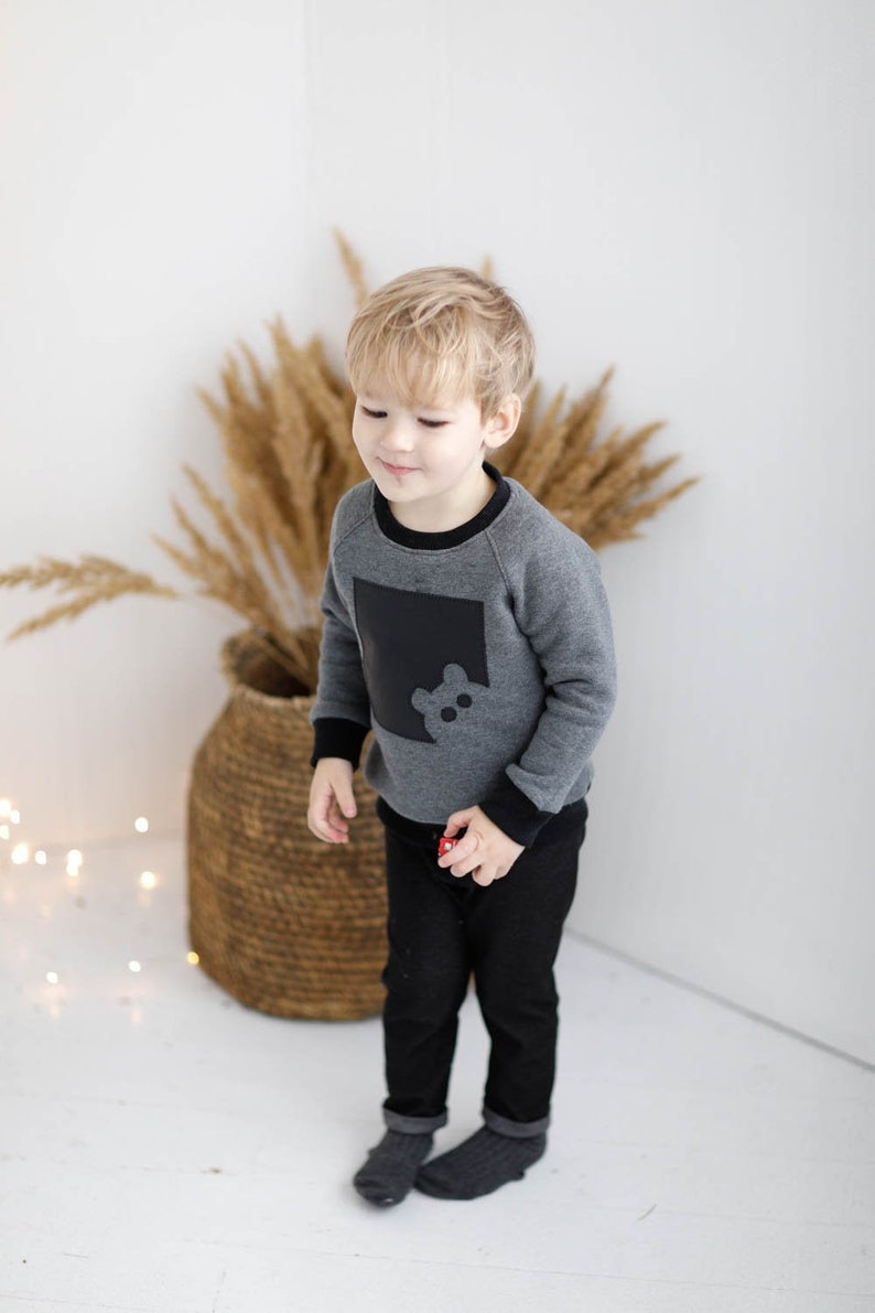 Eco cotton kids jumper with teddy bear handmade applique from eco leather, Stylish extra warm winter pullover sweatshirt for boys and girls image 1