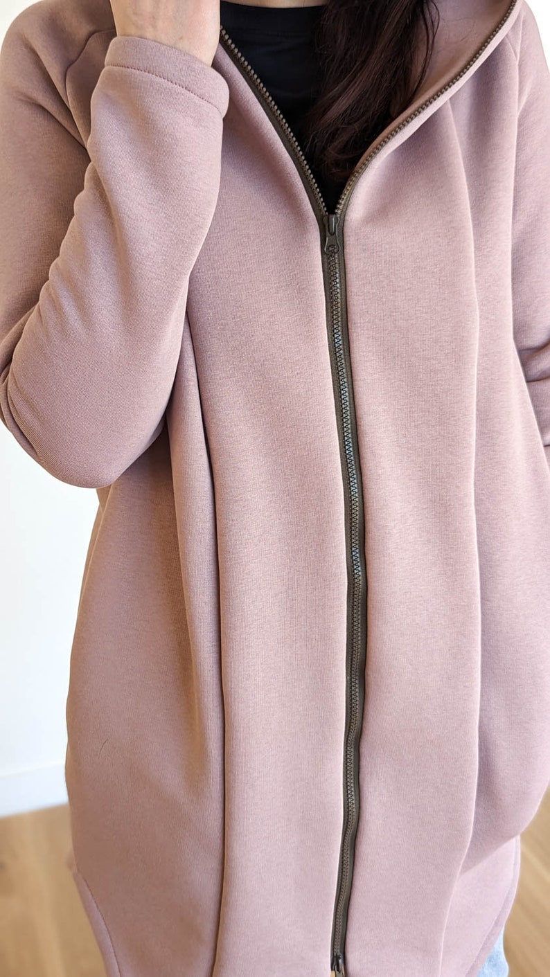 Staubiger rosa Frauen Reißverschluss Kapuzenmantel mit Seitentaschen, Lässiger warmer Baumwoll-Strick-Sweatshirt mit Kapuze, Streetstyle bequeme Damenkleidung Bild 5