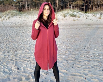 Big hood hoodie with zipper - street style ethical clothing for women, Plus size full zip cotton sweater coat with pockets