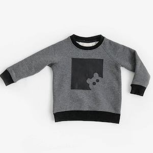 Eco cotton kids jumper with teddy bear handmade applique from eco leather, Stylish extra warm winter pullover sweatshirt for boys and girls image 5