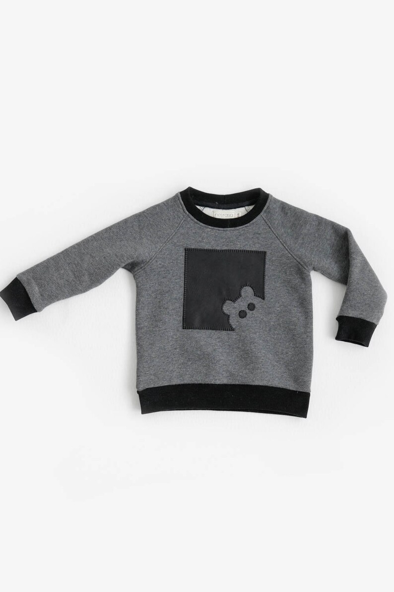 Eco cotton kids jumper with teddy bear handmade applique from eco leather, Stylish extra warm winter pullover sweatshirt for boys and girls image 5