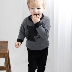 Eco cotton kids jumper with teddy bear handmade applique from eco leather, Stylish extra warm winter pullover sweatshirt for boys and girls image 4