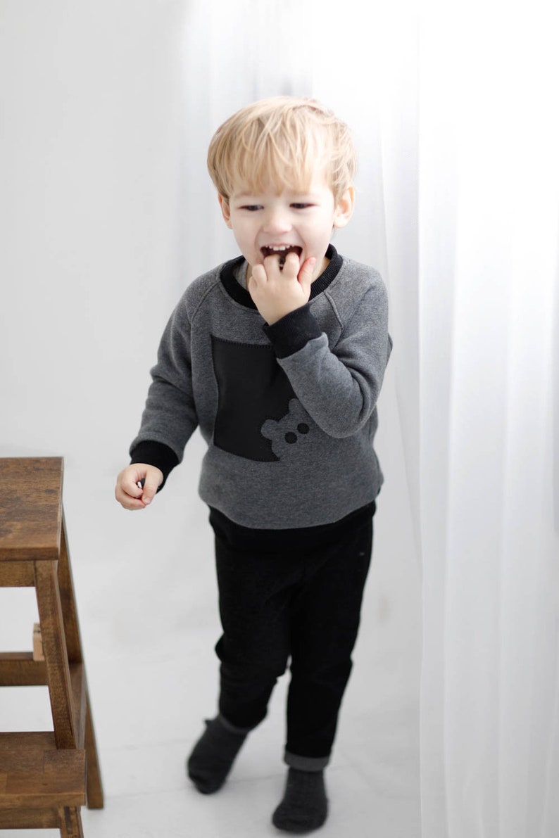 Eco cotton kids jumper with teddy bear handmade applique from eco leather, Stylish extra warm winter pullover sweatshirt for boys and girls image 4