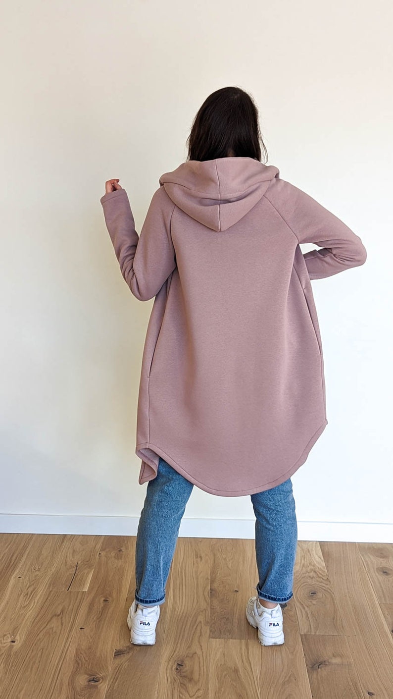 Staubiger rosa Frauen Reißverschluss Kapuzenmantel mit Seitentaschen, Lässiger warmer Baumwoll-Strick-Sweatshirt mit Kapuze, Streetstyle bequeme Damenkleidung Bild 4